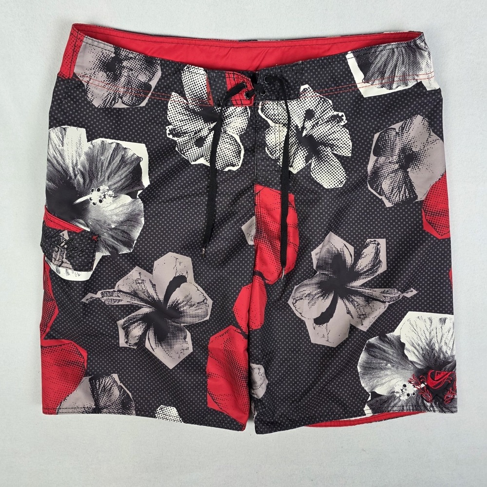 VTG Y2k Quiksilver Boardshorts Mens XL Red Black Hawaiian Surf Skate Swim Shorts